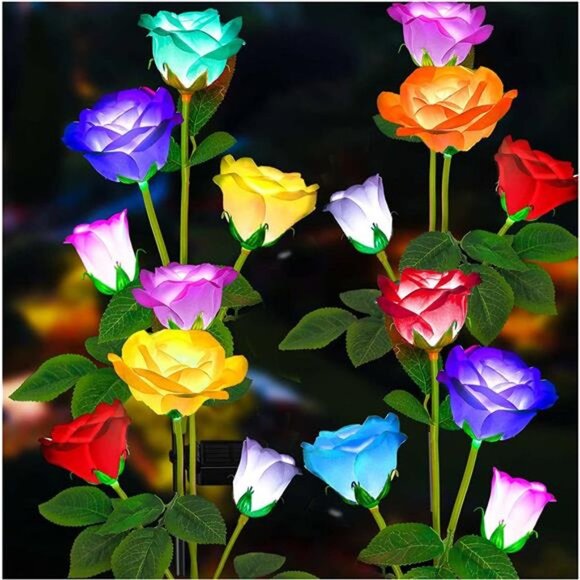 Solar Garden Lights - Newest Version Solar Lights Outdoor, 7 Color Changing Rose